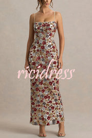 The Center of Attention Floral Print Sequin Square Neck Slip Stretch Maxi Dress