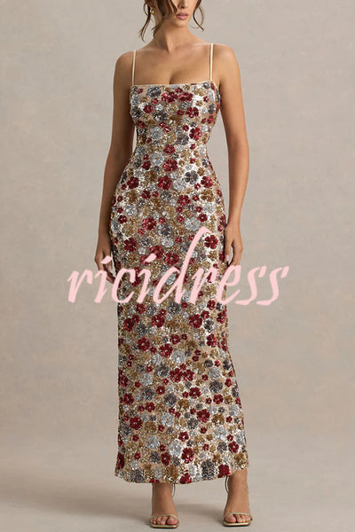 The Center of Attention Floral Print Sequin Square Neck Slip Stretch Maxi Dress