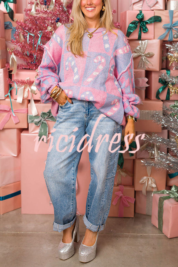 Christmas Candy Crew Neck Long Sleeve Loose Knit Sweater