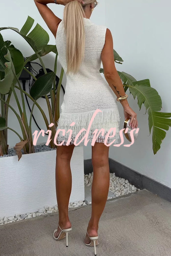 Fashion Knitted Round Neck Sleeveless Slim Fit Fringed Hem Mini Dress