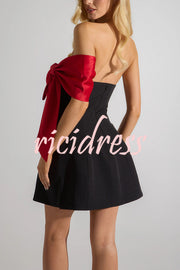 The Best Gift Satin Contrast Color Bow Detail Off Shoulder Mini Dress