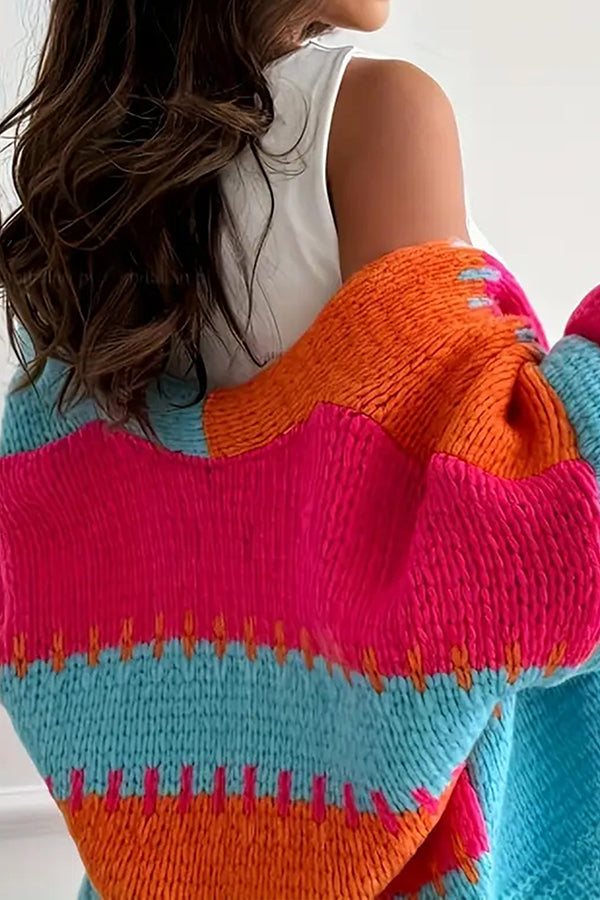 Fashionable Contrast Color Stitching Casual Knitted Cardigan