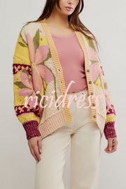 Floral Pattern Loose Long-sleeved Knitted Cardigan