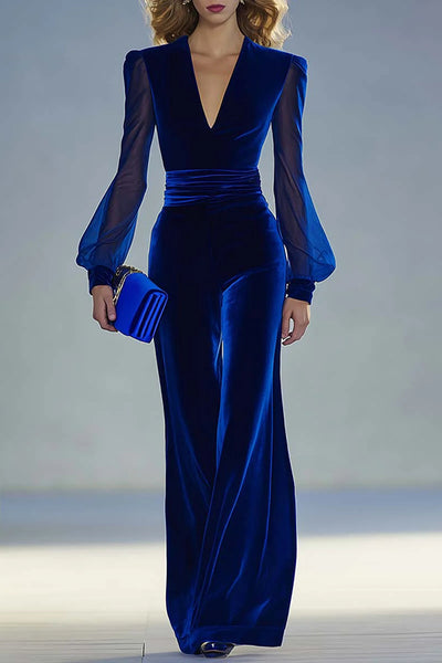 Solid Color Velvet V-neck Long-sleeved Elegant Fitted Jumpsuit