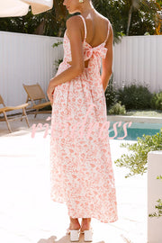 Floral Print V-Neck Sleeveless Back Tie Pocket Maxi Dress
