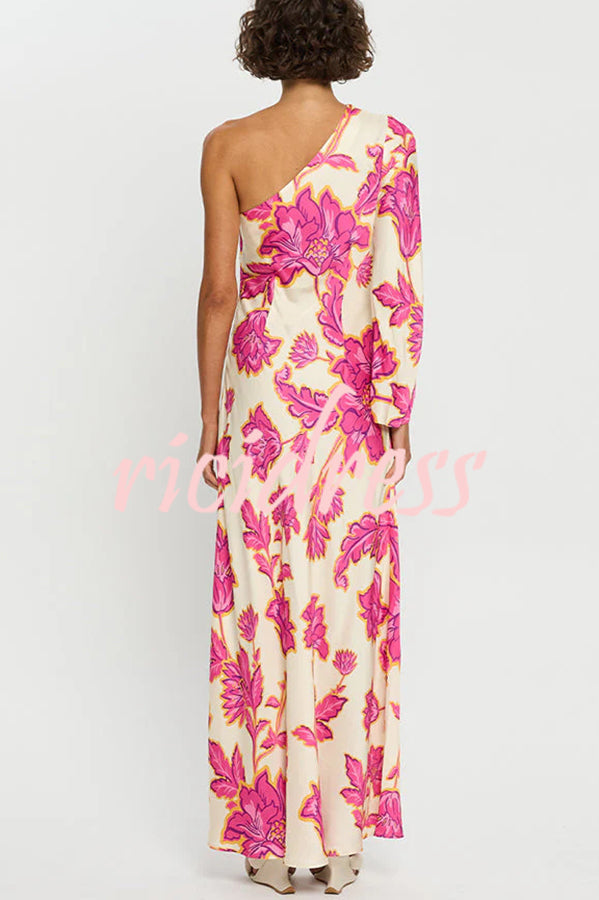 Rhia Satin Floral Print One Shoulder Flared Maxi Dress