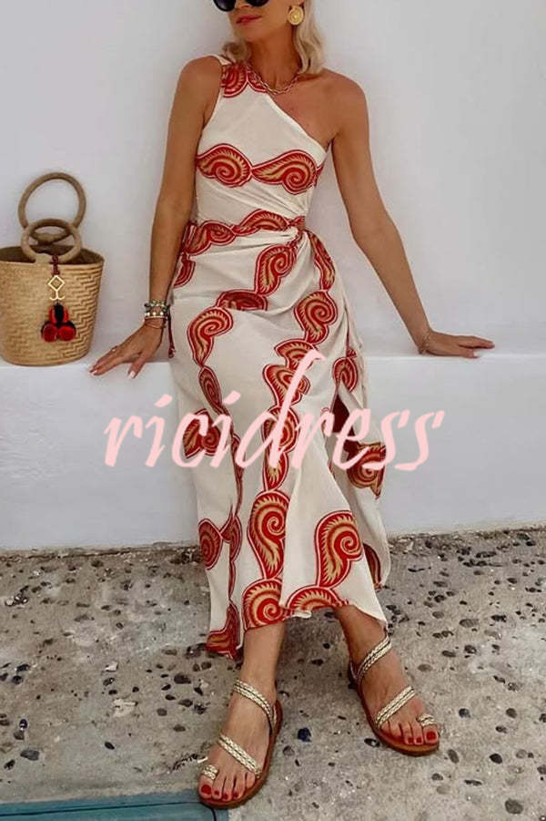 Enjoy A Sunny Linen Blend Shell Print One Shoulder Cutout Waist Tie-up Slit Maxi Dress