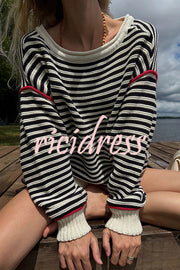 Fashion Striped Colorblock Loose Round Neck Long-sleeved Knitted Sweater