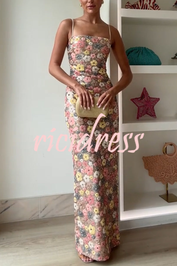 80's Inspired Floral Print Sequin Square Neck Slip Stretch Maxi Dress
