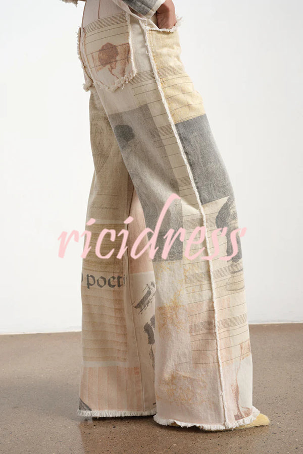 Historic Imagery Unique Print High Rise Pocketed Wide Leg Jeans