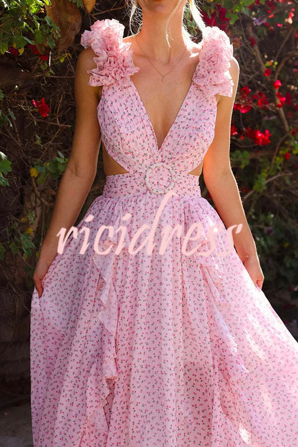 Wedding Dreams Chiffon Printed Flutter Sleeve Cutout Back Lace-up Maxi Dress