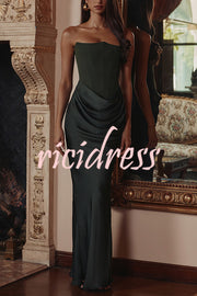 Attend The Gala Strapless Corset Satin Ruched Hip Drape Maxi Dress