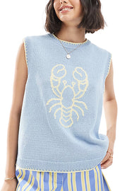 Marine Life Pattern Crew Neck Sleeveless Knit Tank Top