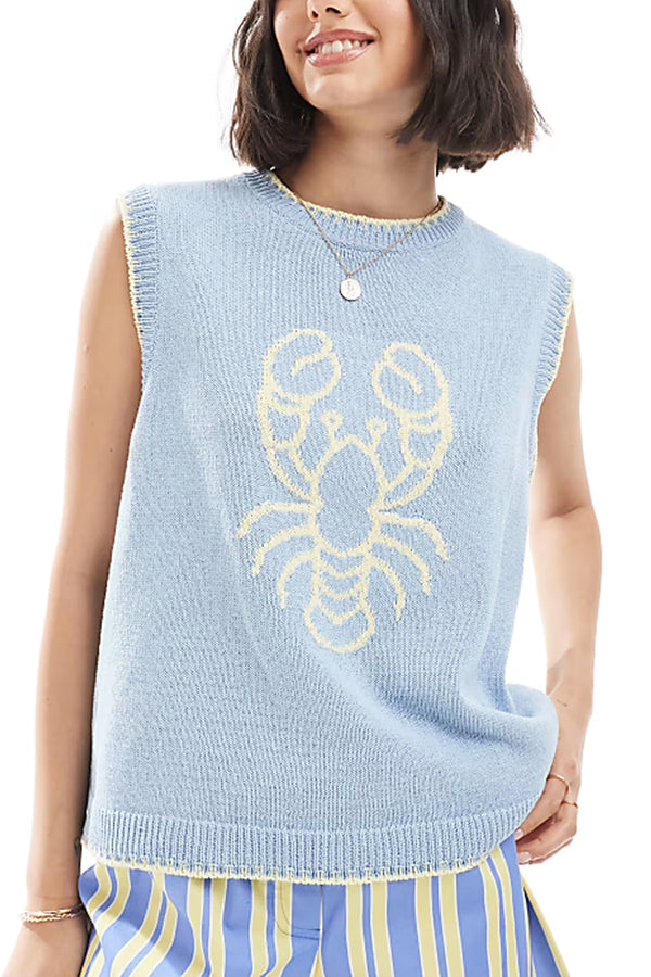Marine Life Pattern Crew Neck Sleeveless Knit Tank Top