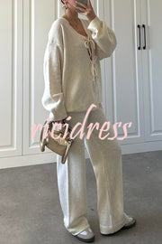Solid Color V-neck Tie Long-sleeved Loose Knit Cardigan and Elastic Waist Casual Straight Leg Pants Set