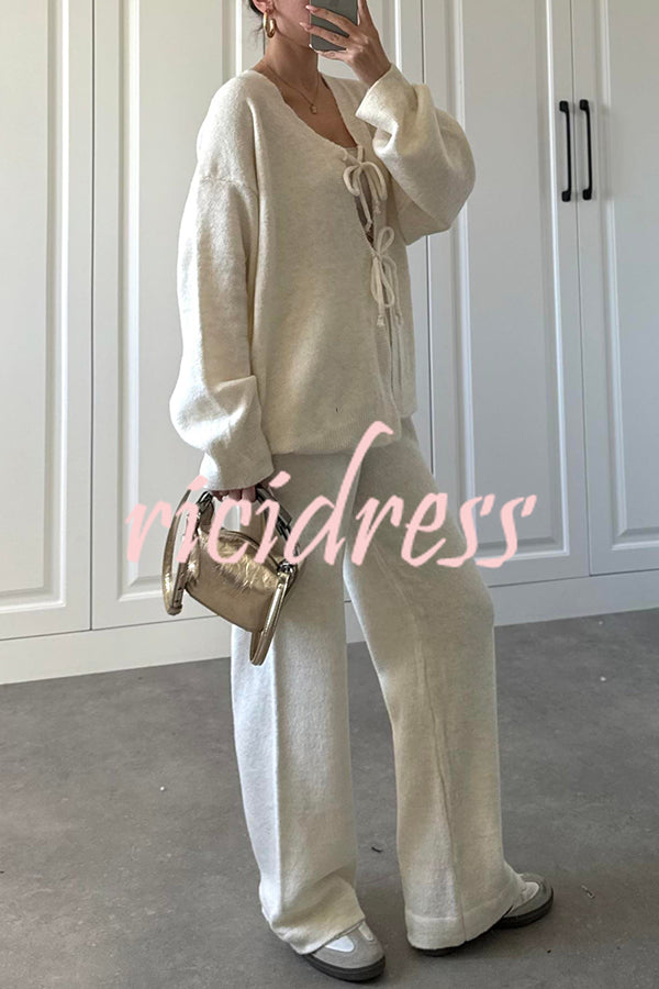 Solid Color V-neck Tie Long-sleeved Loose Knit Cardigan and Elastic Waist Casual Straight Leg Pants Set