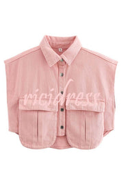 Stylish Weekend Denim Button Up Cape Sleeve Pocket Crop Top