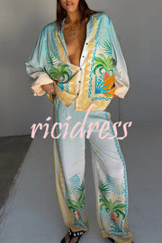 See You in Rio Tropical Fruits Print High Rise Elastic Waist Wide Leg Pants