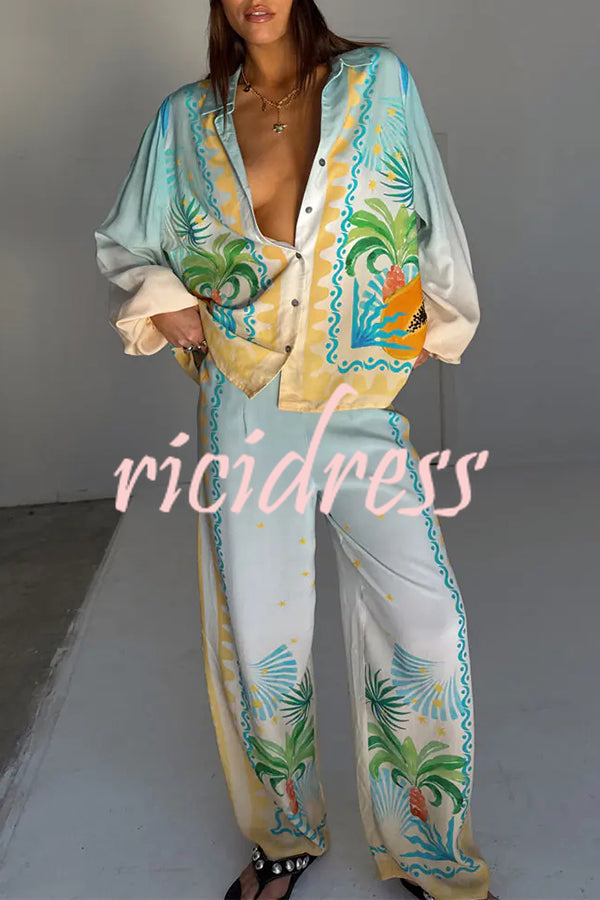 See You in Rio Tropical Fruits Print High Rise Elastic Waist Wide Leg Pants