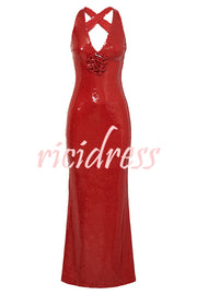 Sicilian Rose Sequin Three-dimensional Floral Sexy Backless Maxi Dress