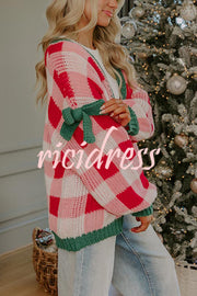 Holiday Cozy Checkered Knit Color-blocked Plaid Bow Long-sleeved Cardigan