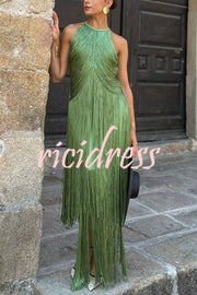 Fashion Sleeveless Halter Neck Elegant Tassel Slim Maxi Dress