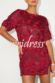 Feeling Exquisite Sequin-embellished Rose Texture Short Sleeve H-line Mini Dress