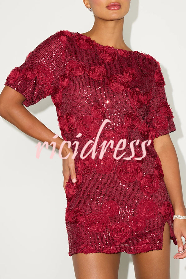 Feeling Exquisite Sequin-embellished Rose Texture Short Sleeve H-line Mini Dress