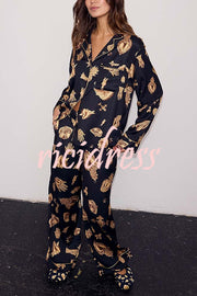 Golden Night Unique Print Color-block Trim Loose Shirt and Elastic Waist Pocketed Pajama Set
