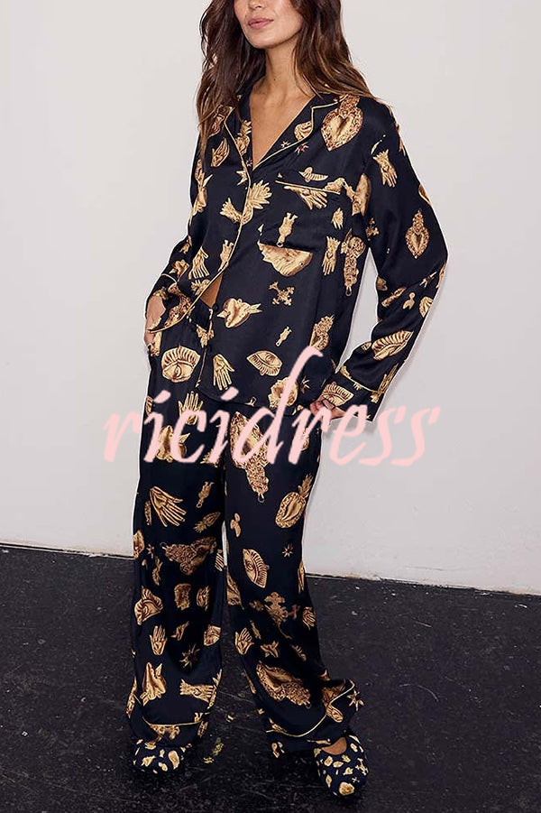Golden Night Unique Print Color-block Trim Loose Shirt and Elastic Waist Pocketed Pajama Set