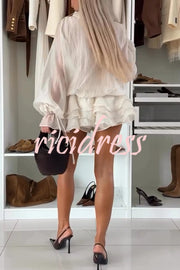 Fashionable Flower-decorated V-neck Loose Top and Elastic Waist Casual Shorts Set