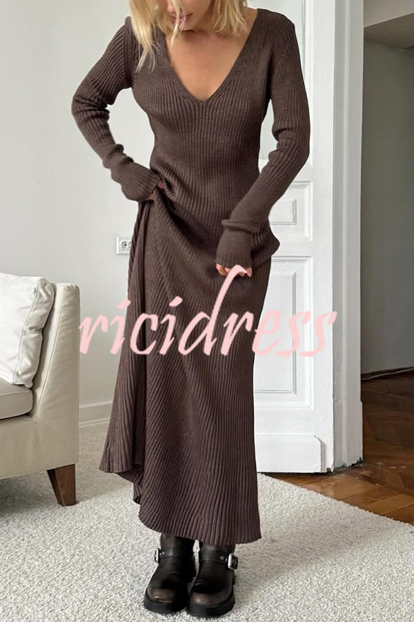 Solid Color V-neck Long-sleeved Slim-fit Elegant Knit Maxi Dress