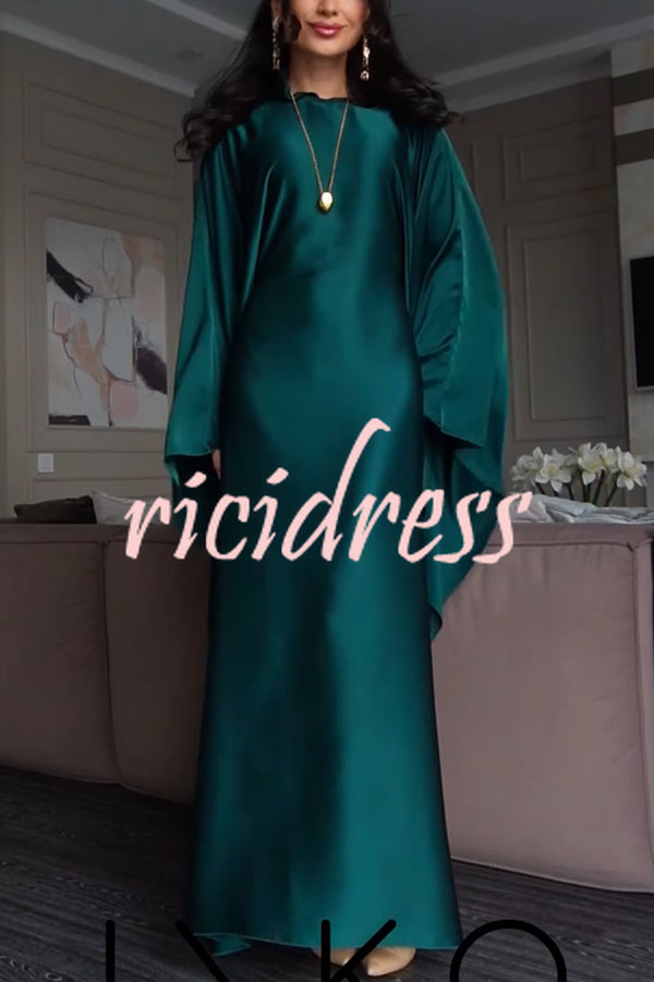 Dignified and Elegant Satin Batwing Sleeve with Waist Tie Design A-line Maxi Dress