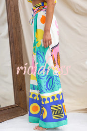 Maison Linen Blend Unique Print High Neck Top and Elastic Tie-up Waist Pocket Wide Leg Pants Set