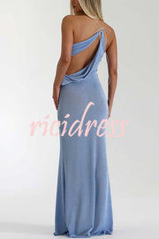 Elissa Glitter Fabric One Shoulder Asymmetrical Cutout Stretch Maxi Dress