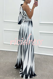 Purely Charming Printed Rose Pendant One Shoulder Pleated Slit Maxi Dress