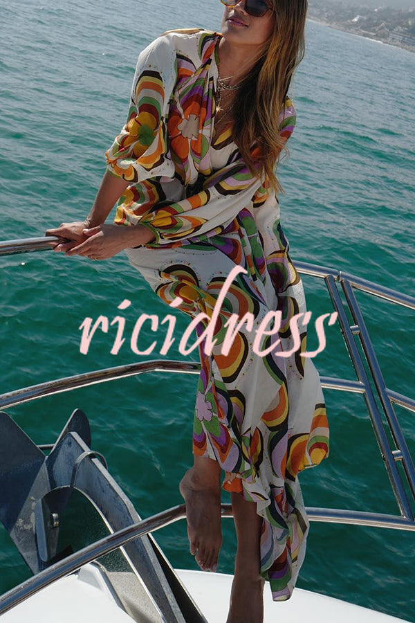 Boat Days Unique Print Balloon Sleeve Pocketed Loose Robe Maxi Dress