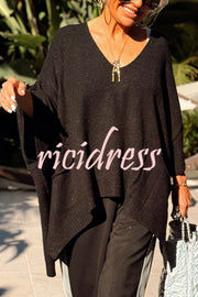 Fashion V-neck Loose Pocket Mid-length Knitted Sweater
