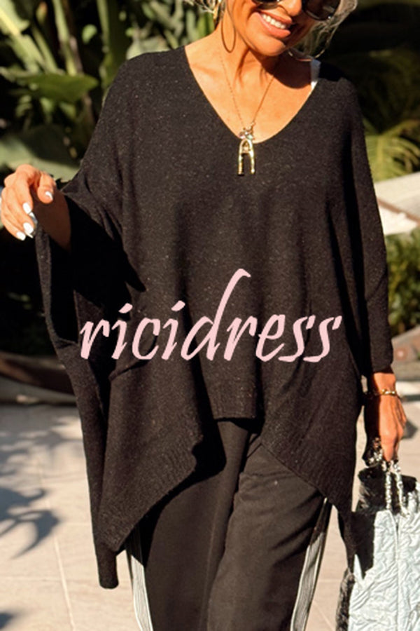 Fashion V-neck Loose Pocket Mid-length Knitted Sweater