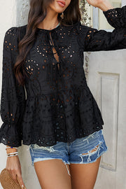 Solid Color Vacation Loose Lace-up Hollow Top