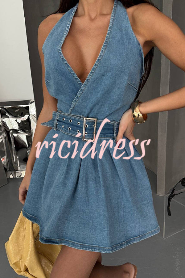 Fashionable Halterneck Open-back Belted Denim Mini Dress