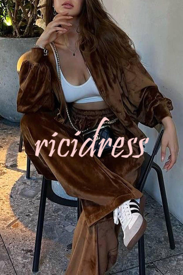 Velvet Zip Up Hooded Top and Drawstring Pants Two Piece Set