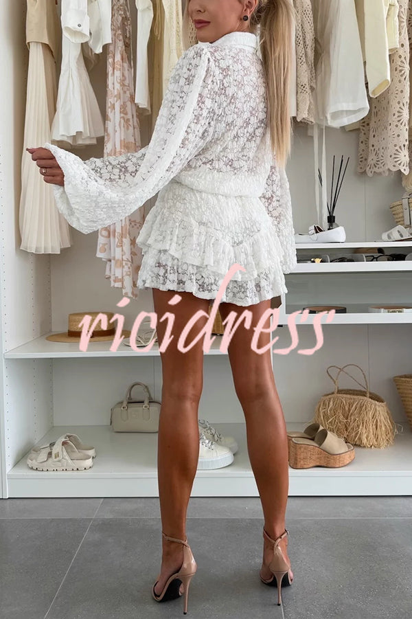 Nicola Lace Long Balloon Sleeve Blouse and Elastic Waist Layered Skort Set