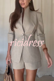 Devora Linen Blend Stand Lapel Neck Half Sleeve Button Pocket Blazer and High Rise Shorts Set
