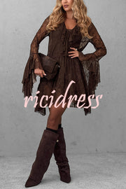 Feeling Lighthearted Lace Ruffle Neck Bell Sleeve Layered Hem A-line Mini Dress