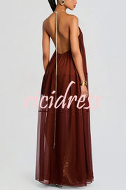 Flowing Lightweight Chiffon Chain Halter Neck Detail Backless A-line Maxi Dress