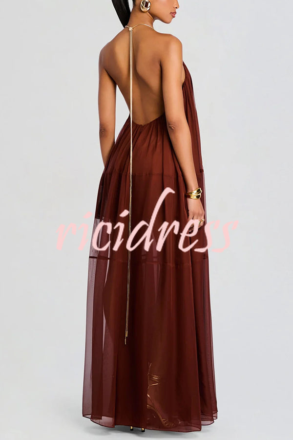 Flowing Lightweight Chiffon Chain Halter Neck Detail Backless A-line Maxi Dress