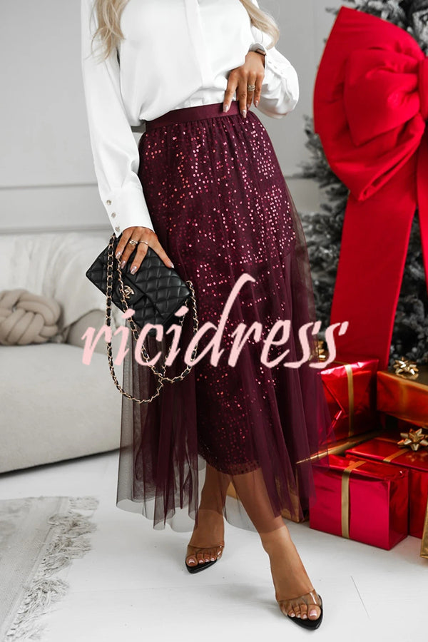 Party Daydream Sequin Tulle High Rise Elastic Waist Maxi Skirt
