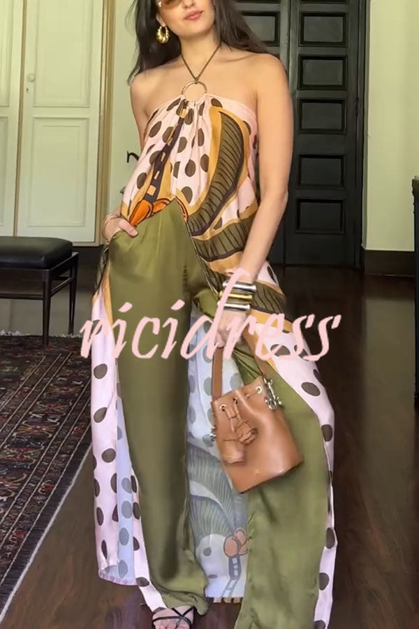 Junea Satin Polka Dot Unique Print Ring Halter Slit Midi Top and Elastic Waist Pocket Pants Set