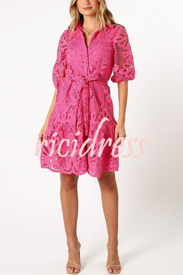 Solid Color Lace Cutout Balloon Sleeves and Waist Tie Mini Dress